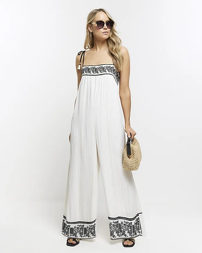 Cream embroidered bandeau jumpsuit