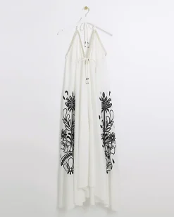 Cream embroidered plunge beach maxi dress