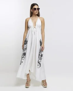Cream embroidered plunge beach maxi dress