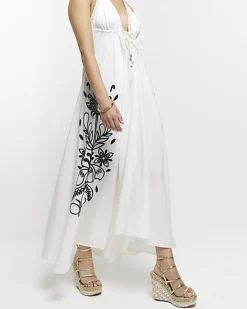 Cream embroidered plunge beach maxi dress