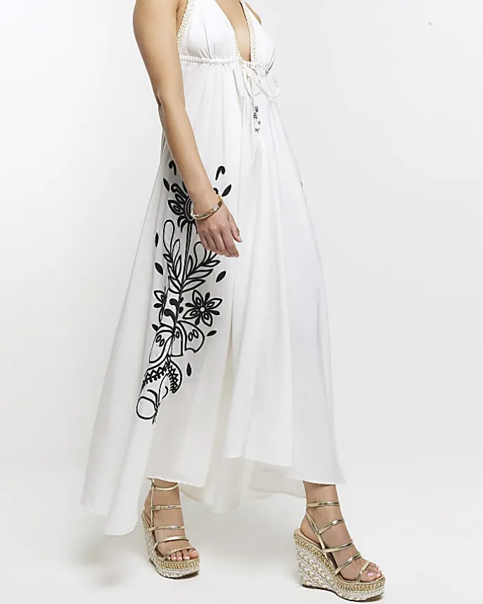 Cream embroidered plunge beach maxi dress