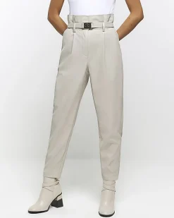 Cream faux leather paperbag trousers