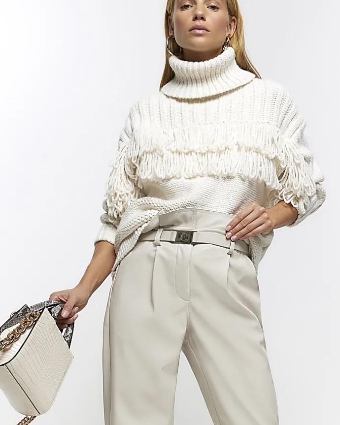 Cream faux leather paperbag trousers