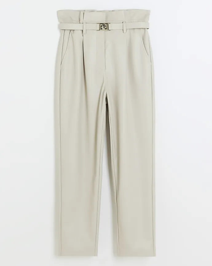 Cream faux leather paperbag trousers