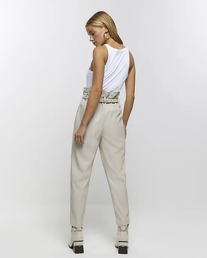 Cream faux leather paperbag trousers
