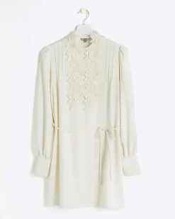 Cream floral tie waist shift mini dress