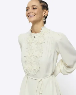 Cream floral tie waist shift mini dress