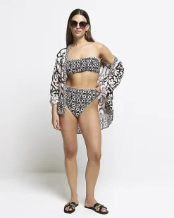 Cream high waisted abstract bikini bottoms