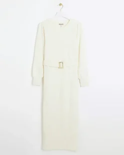 Cream knit belted jumper midi dress