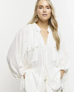 Cream metallic stripe beach shirt