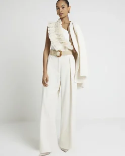 Cream pleated wide leg trousers