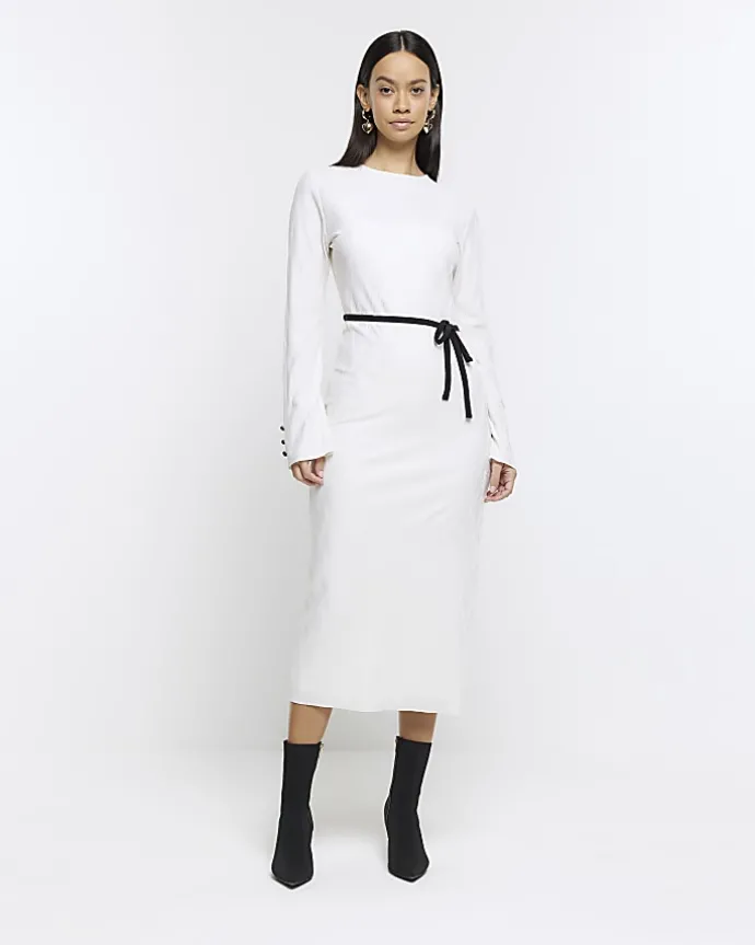 Cream plisse belted bodycon midi dress