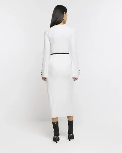 Cream plisse belted bodycon midi dress