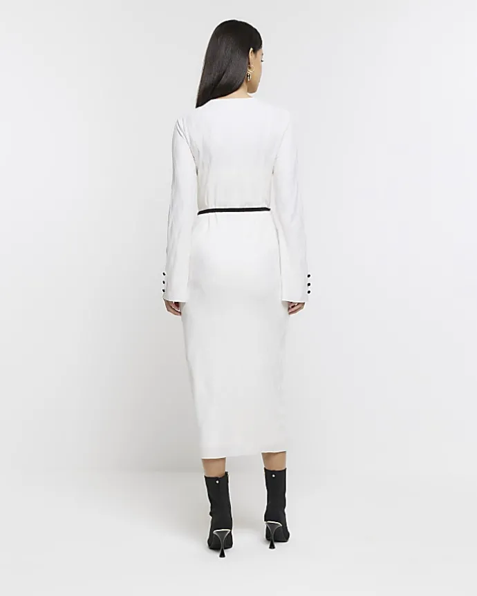Cream plisse belted bodycon midi dress