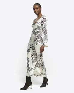 Cream satin floral belted slip midi dress