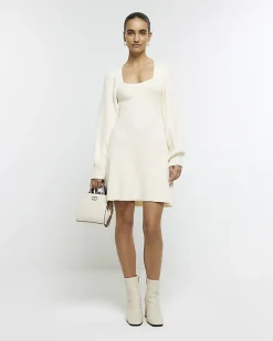 Cream square neck jumper mini dress