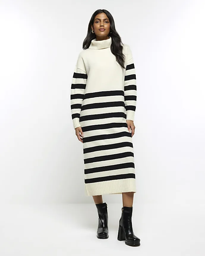 Cream stripe rolled neck jumper midi dress