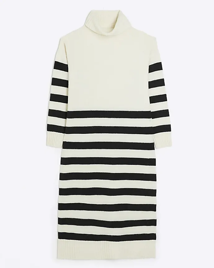 Cream stripe rolled neck jumper midi dress