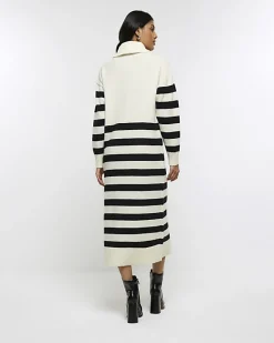Cream stripe rolled neck jumper midi dress