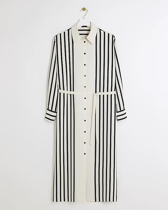 Cream stripe tie waist midi shirt dress