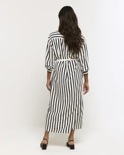 Cream stripe tie waist midi shirt dress