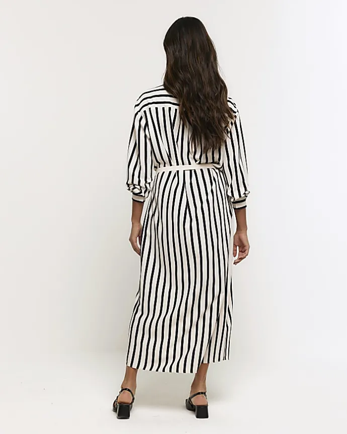 Cream stripe tie waist midi shirt dress
