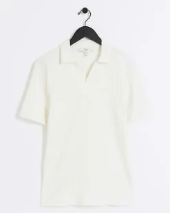 Ecru muscle fit rib open collar polo