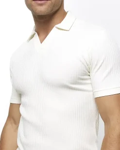 Ecru muscle fit rib open collar polo
