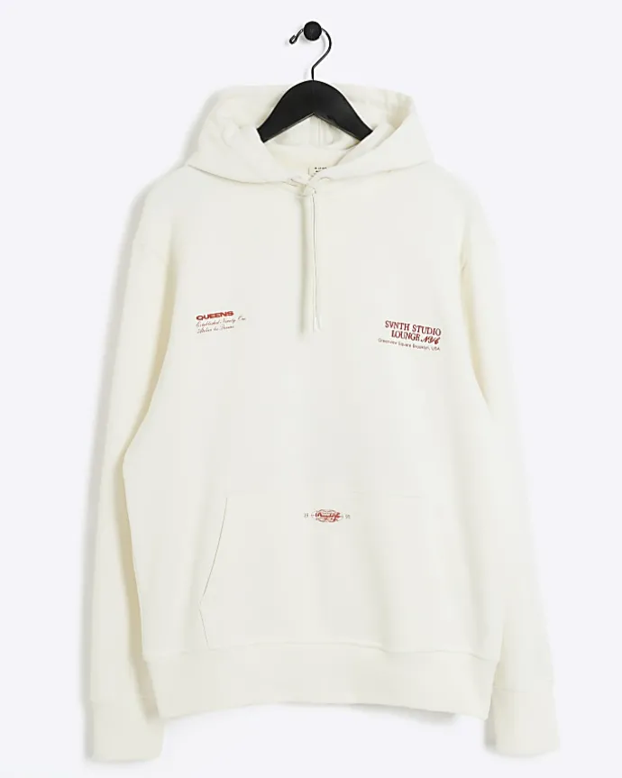 Ecru regular fit embossed graphic hoodie