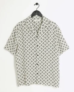 Ecru regular fit geometric revere shirt