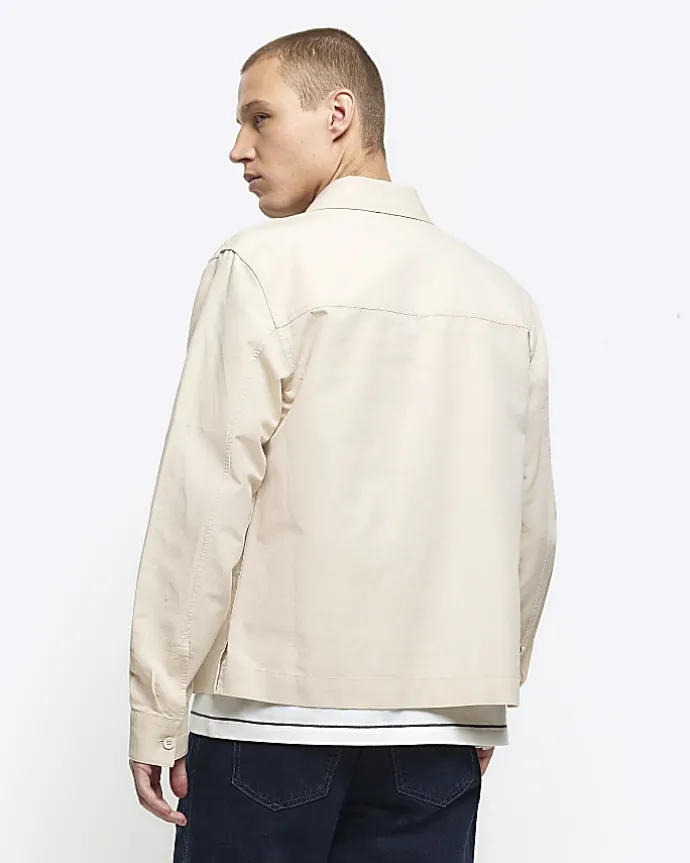 Ecru regular fit linen blend smart overshirt