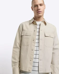 Ecru regular fit linen blend smart overshirt