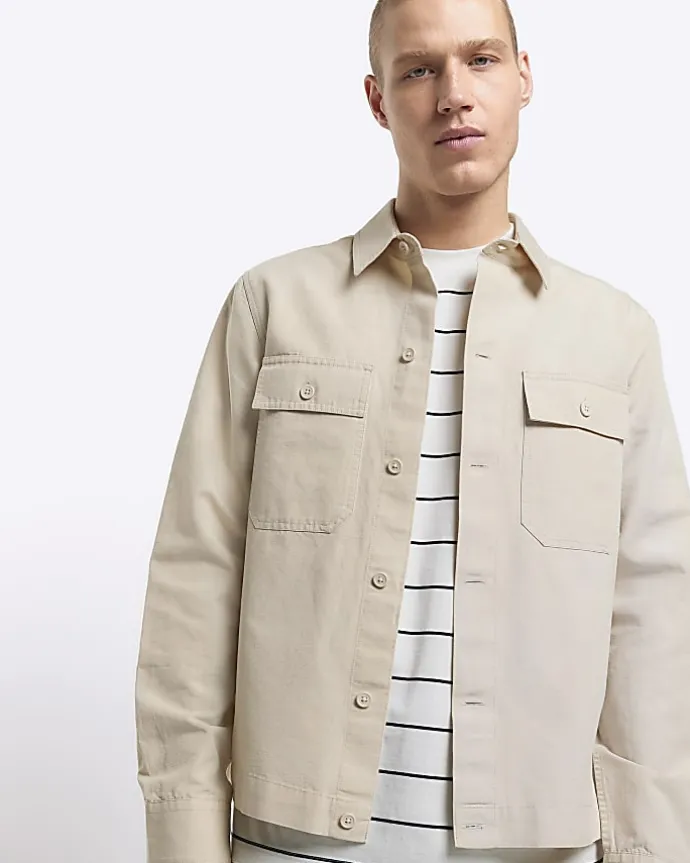 Ecru regular fit linen blend smart overshirt