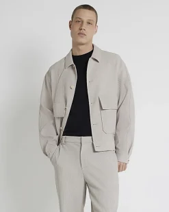 Ecru regular fit plisse harrington jacket