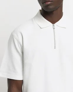 Ecru regular fit textured half zip polo