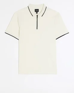 Ecru slim fit taped collar polo