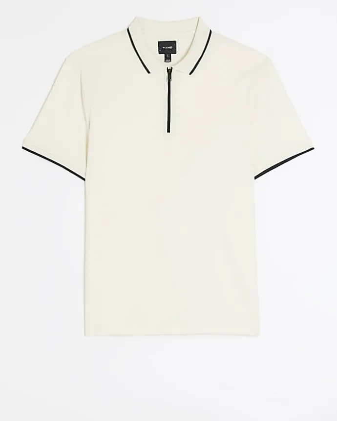 Ecru slim fit taped collar polo