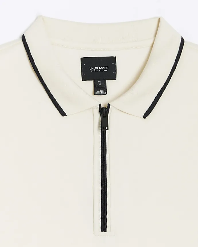 Ecru slim fit taped collar polo