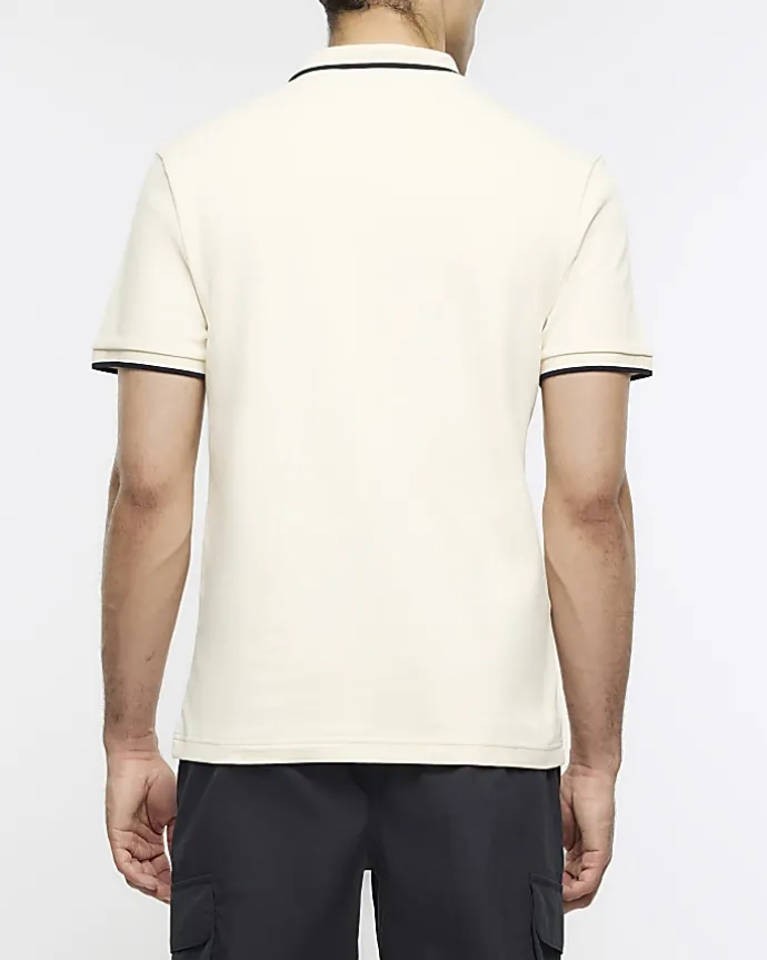 Ecru slim fit taped collar polo