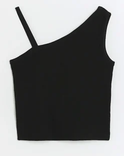 Girl black rib one shoulder vest top