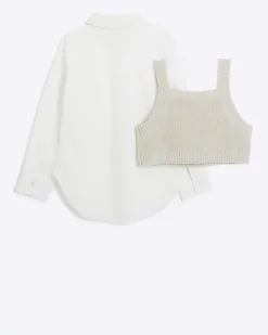 Girls Beige Embellished Knit Top And Shirt