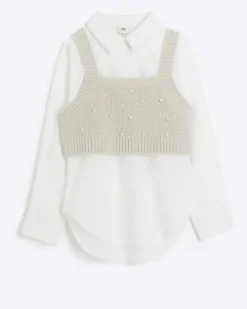 Girls Beige Embellished Knit Top And Shirt