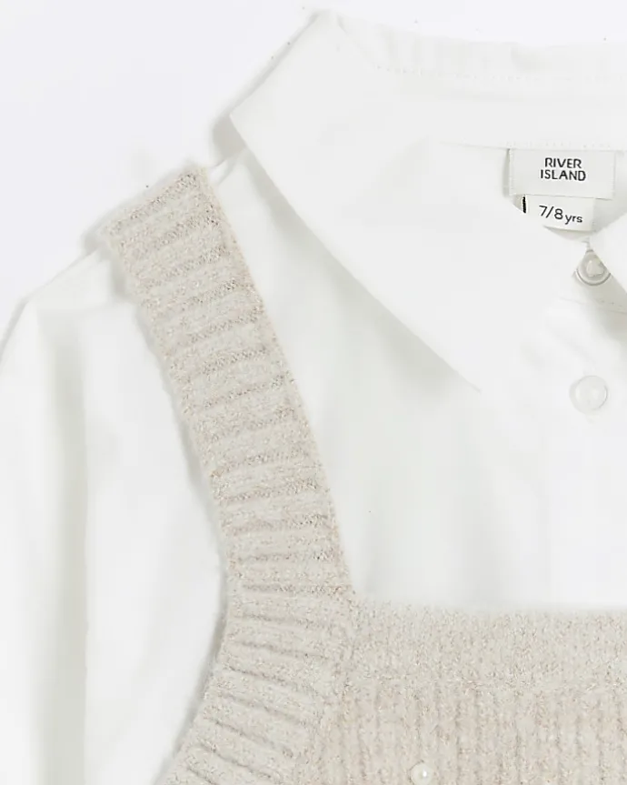 Girls Beige Embellished Knit Top And Shirt