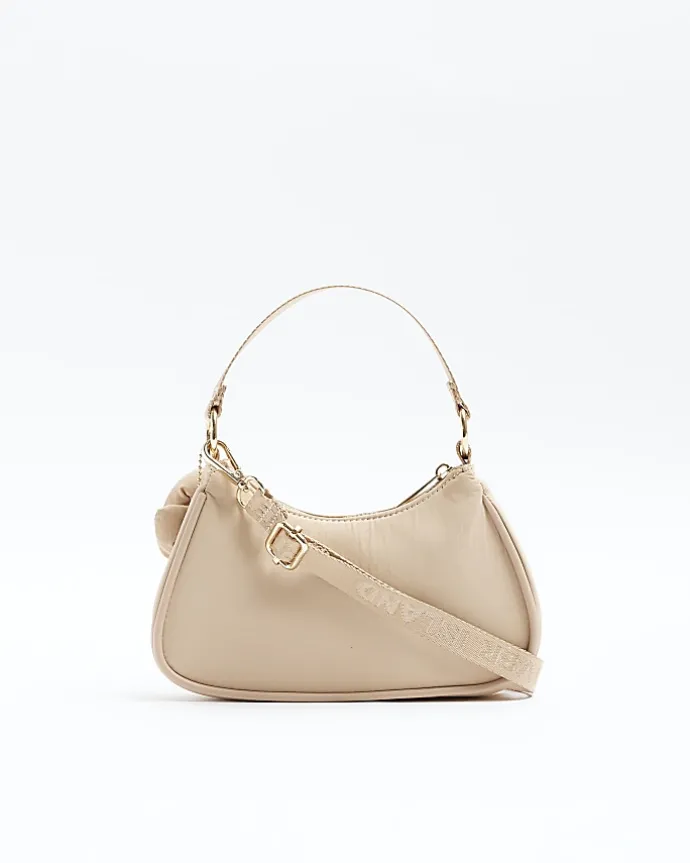Girls Beige Flower Shoulder Scoop Bag