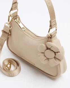 Girls Beige Flower Shoulder Scoop Bag