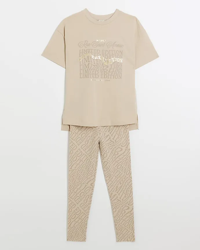 Girls beige graphic t-shirt and leggings set