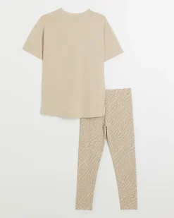 Girls beige graphic t-shirt and leggings set