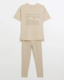 Girls beige graphic t-shirt and leggings set