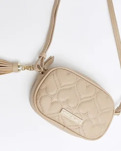Girls Beige heart quilted cross body bag