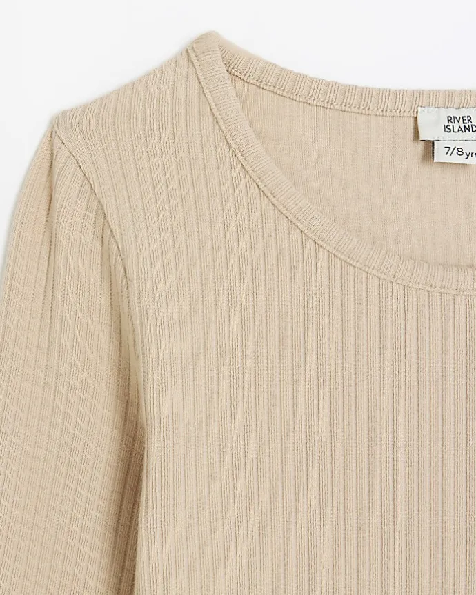 Girls beige long sleeve ribbed bodysuit top